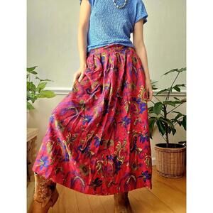 Floral Maxi flowy Skirt paisley red blue Boho pocket Vintage L 12 fall fashion